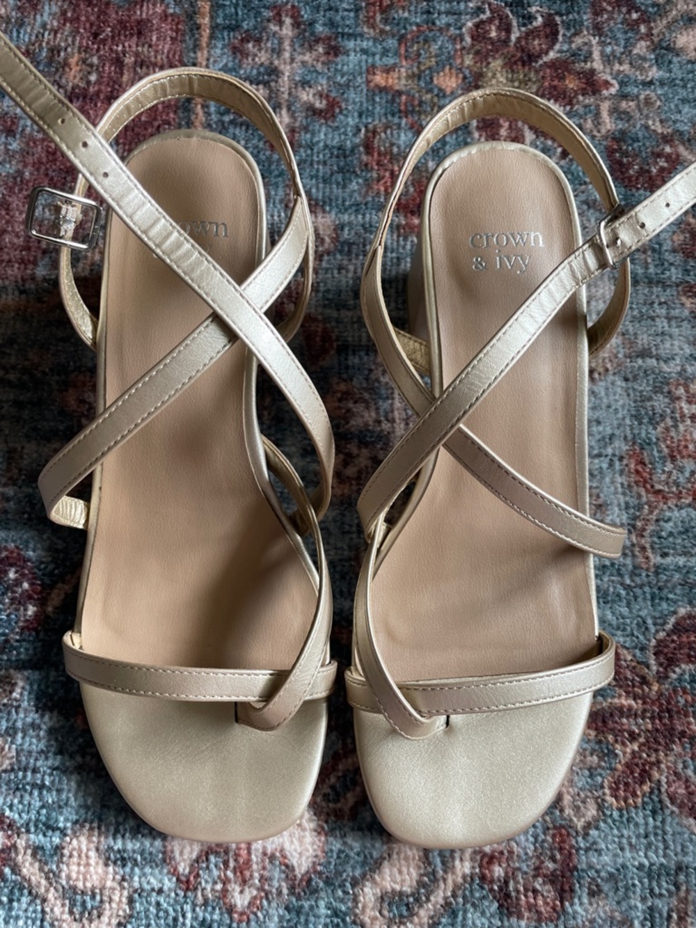 crown & ivy Metallic Gold Strappy Block Heel Sandals